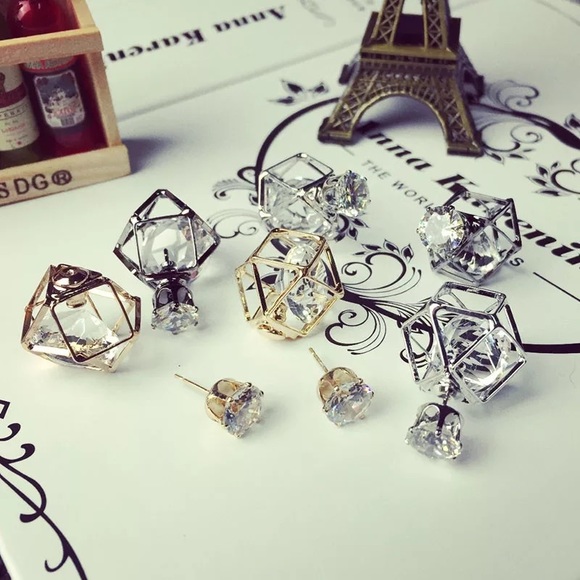 Geometric Double Stud Crystal Diamond Earrings - Picture 3 of 8